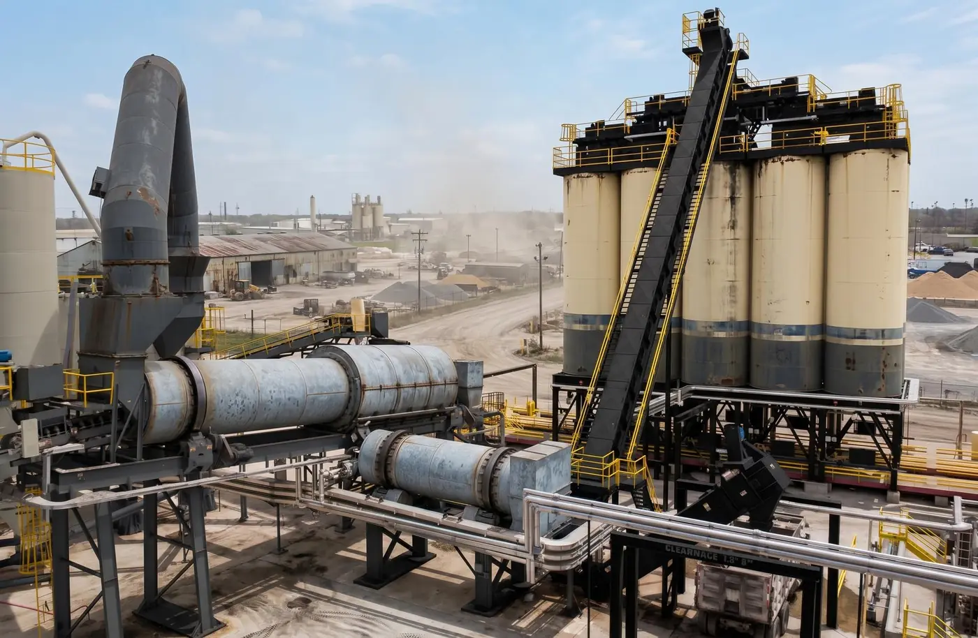 Hot-mix asphalt plant with drum dryer and storage silos
