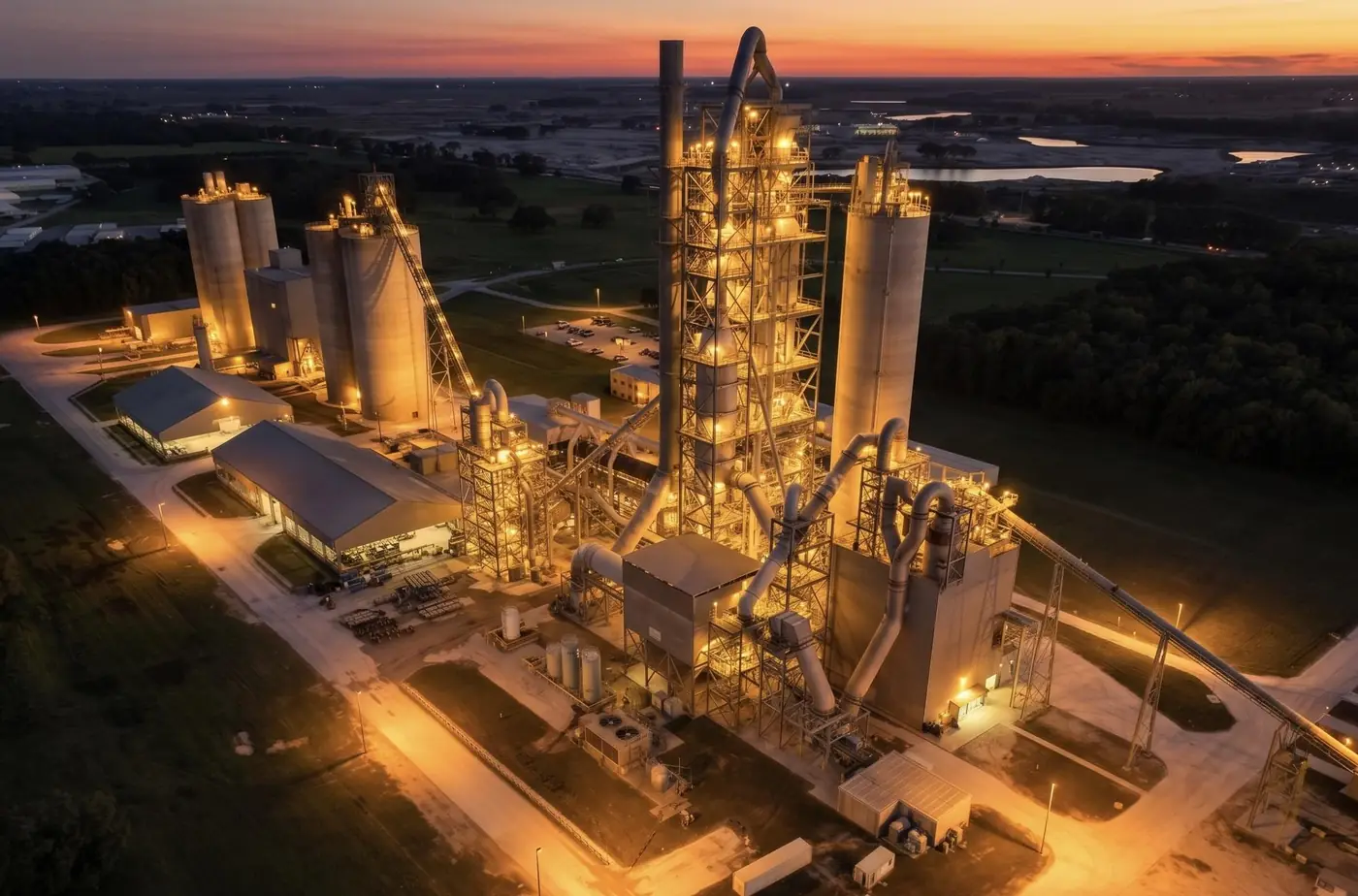 Cement plant with preheater tower and silos at dusk